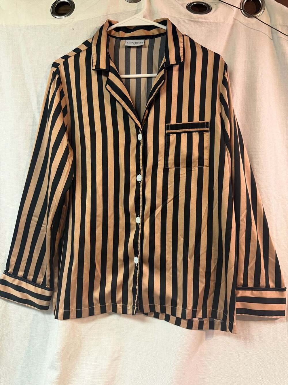 Serenedelicacy Satin Striped Long Sleeve Button Down 2-Piece Pajama Set